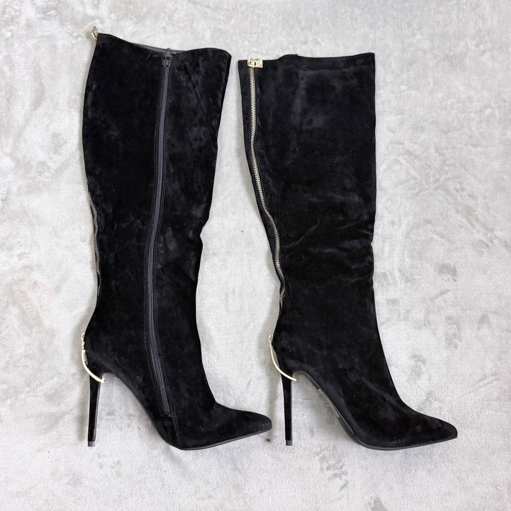 Scene Ariz Velvet Boots 10 Black Glam Stiletto Heel Gothic Pointed Toe Knee High